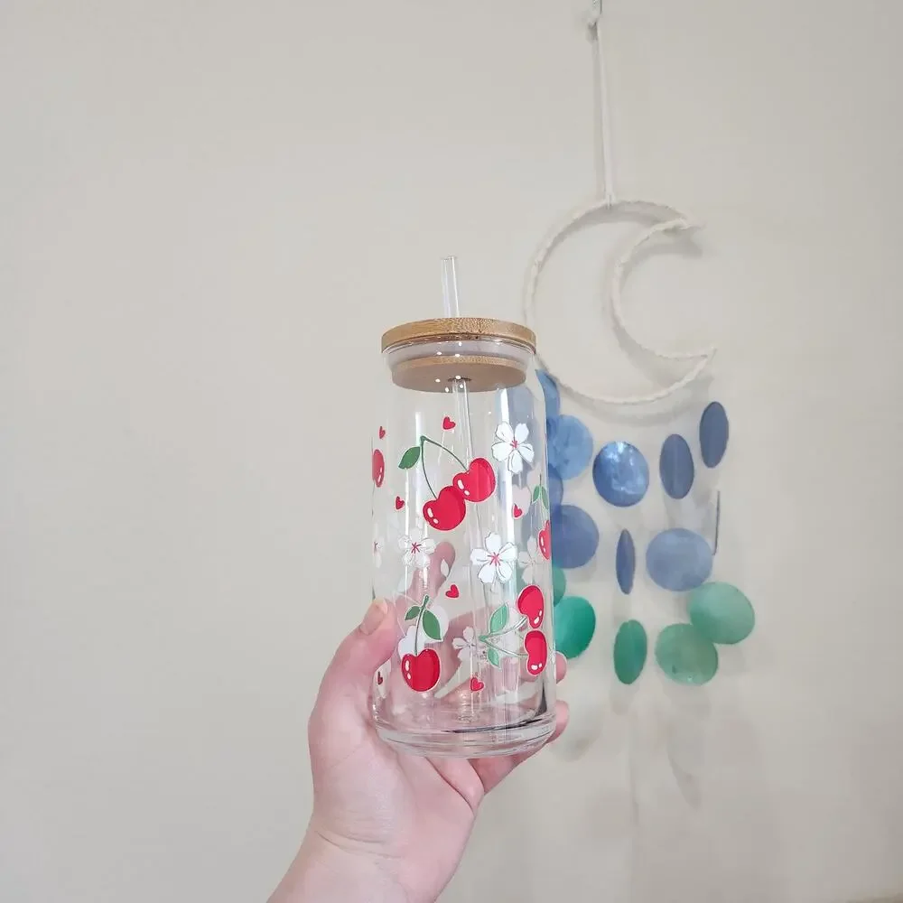 Vintage Cherry Blossom Glass Can Cup Iced Coffee Glass Cottagecore Kitchen Decor